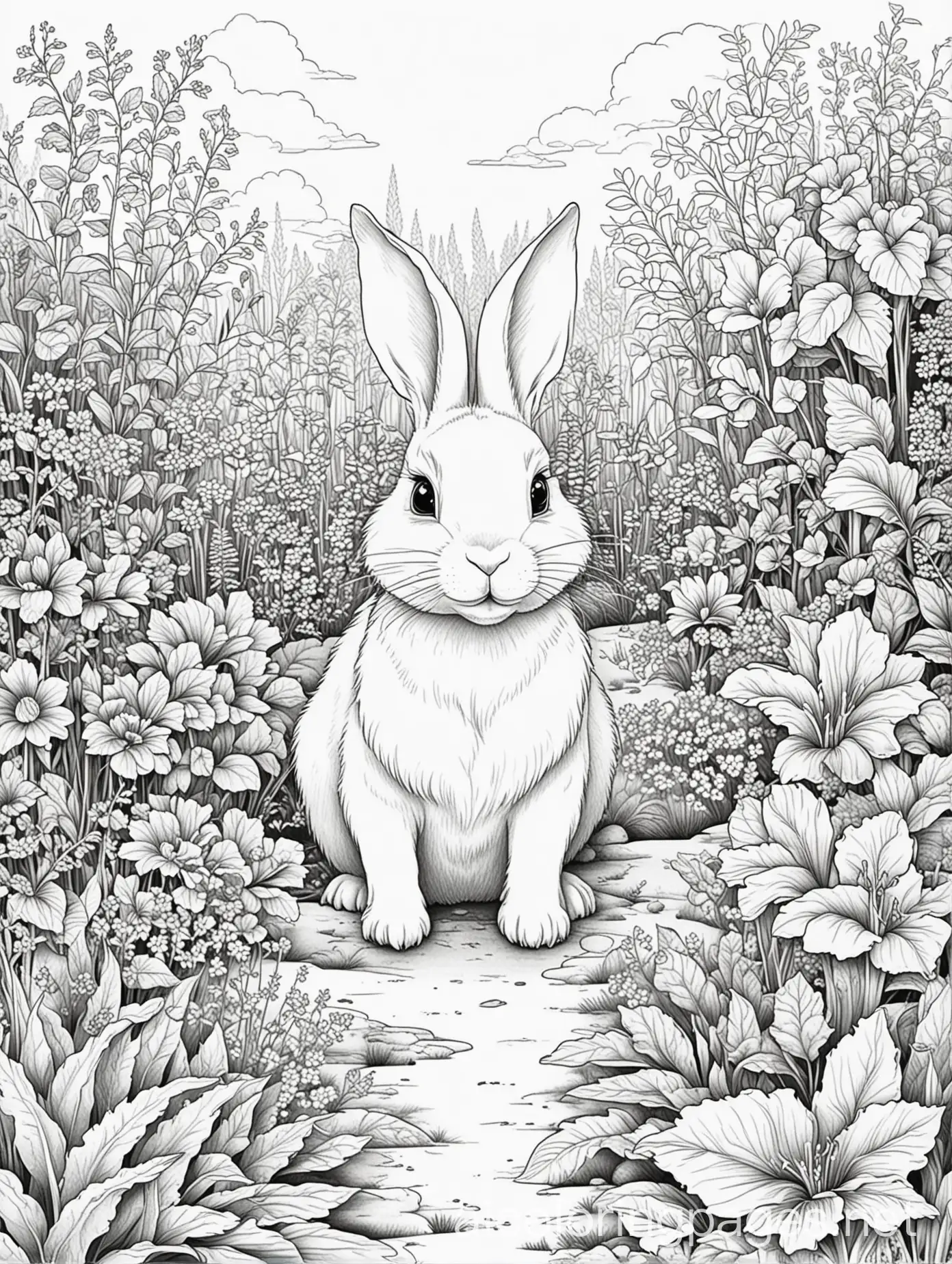 Simple-Black-and-White-Garden-Scene-with-Rabbit-for-Coloring