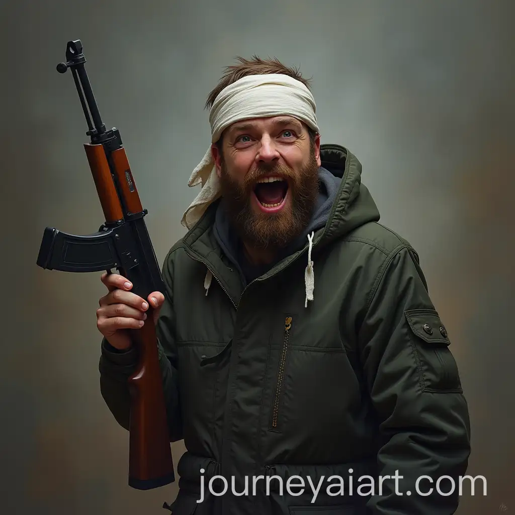 Soldier-with-Kalashnikov-and-Bandage-Shouting-for-Home