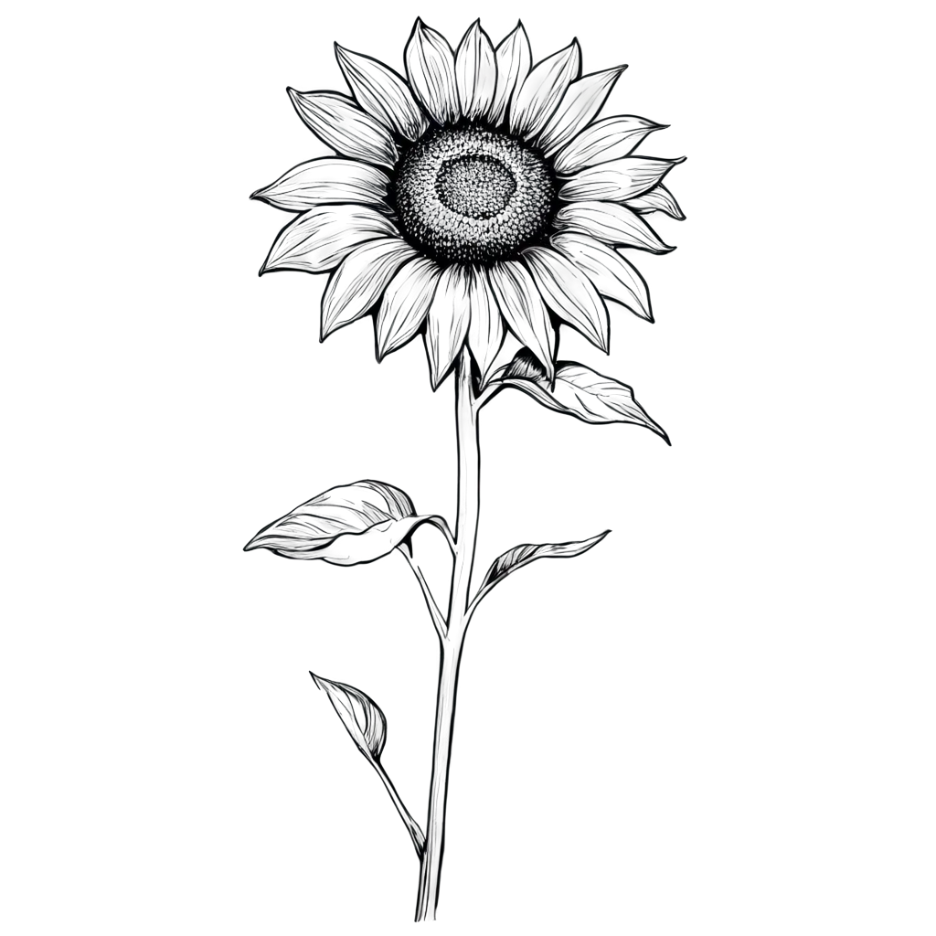 Black-and-White-Sunflower-PNG-Drawing-Transparent-Background-with-Clean-Black-Lines