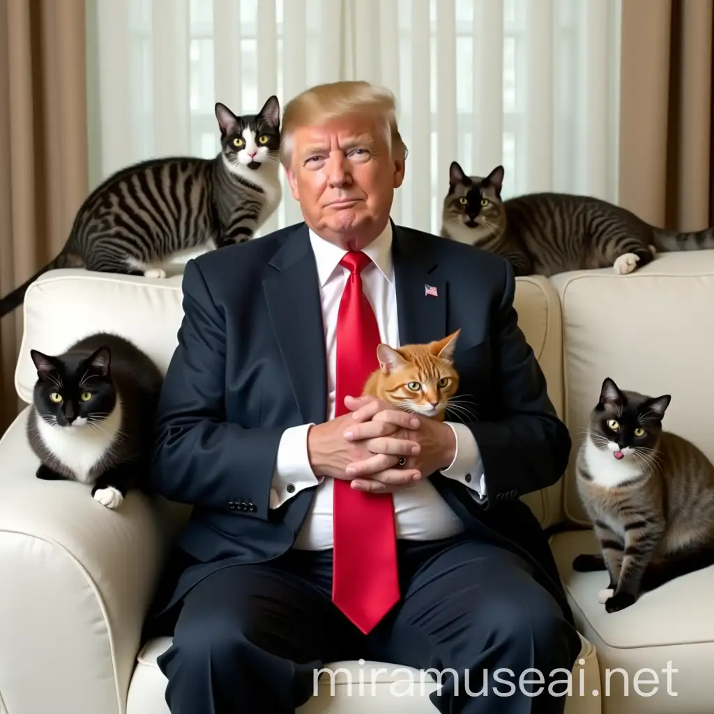 Donald Trump Sitting on White Couch with Seven Cats