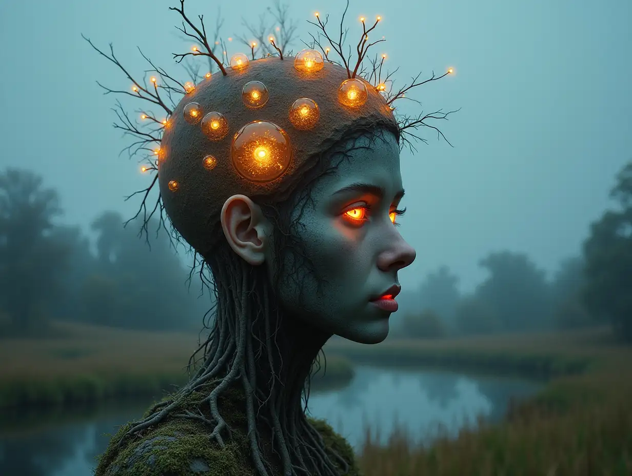 Face transforms into a building with glass glowing balls and roots Lit up on a meadow with lake looking towards the viewer