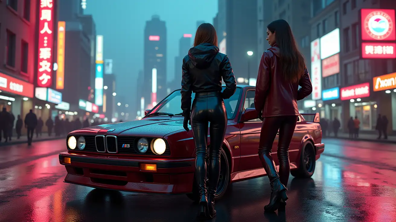 Cyberpunk-Women-in-Shiny-PVC-Outfits-in-Dusk-City-with-BMW-M3-E30