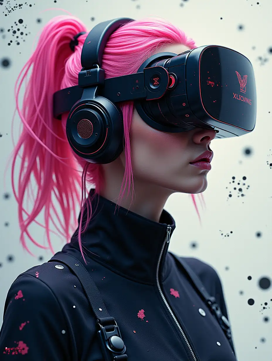 A woman should wear an exclusive headwear that looks like a mix of headphones and augmented reality device, with vibrant pink hair. Her clothing is done in dark tones with metal accents, and she has a mask with high-tech design on her face. The image background should be filled with complex abstract patterns and graphics reflecting the digital world of the future.