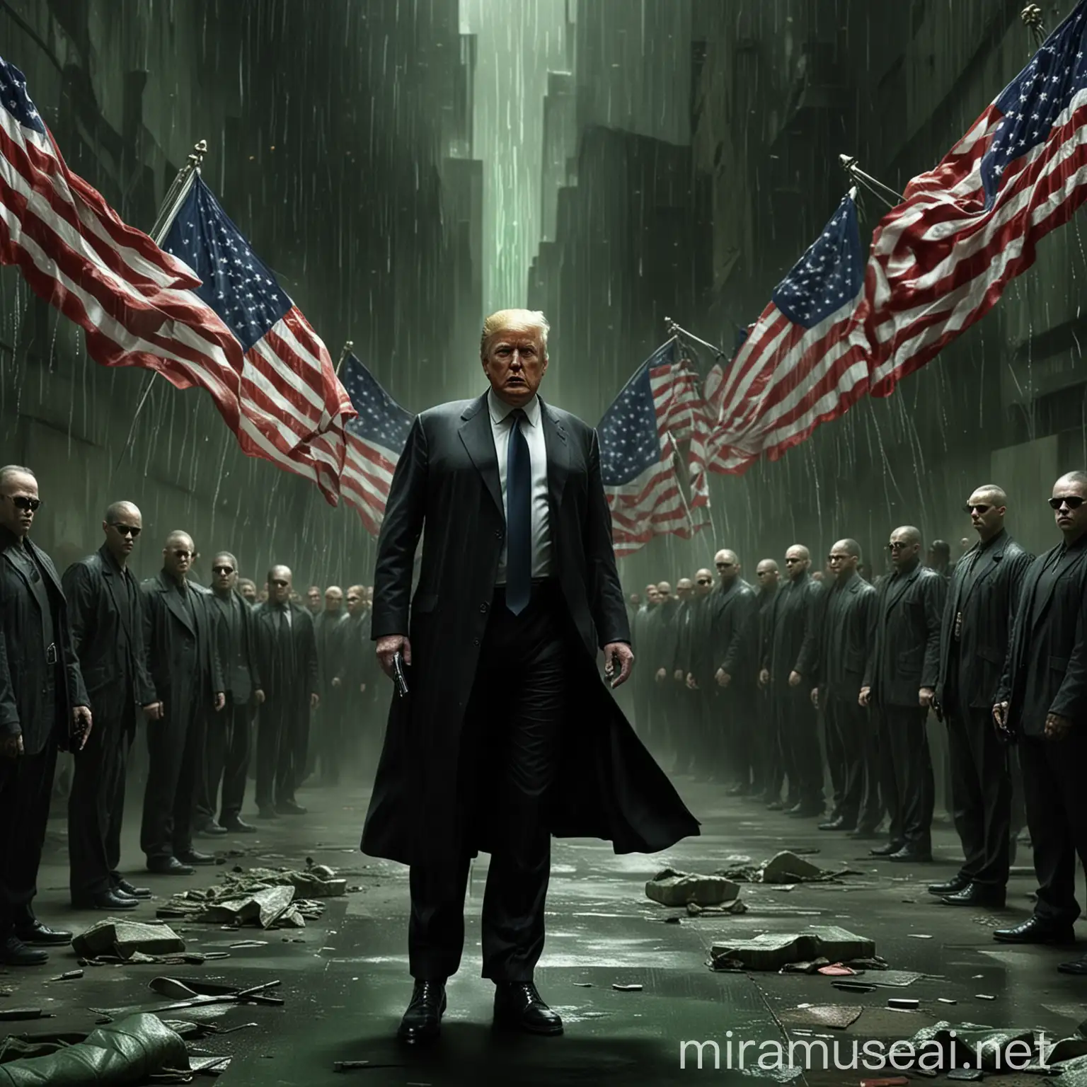 Donald Trump Fighting Like in The Matrix Surrounded by American Flags