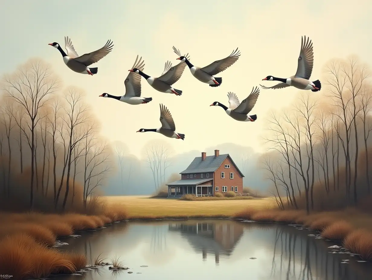 Scenic Landscape Flocks of Geese Flying over Farmhouse and Pond