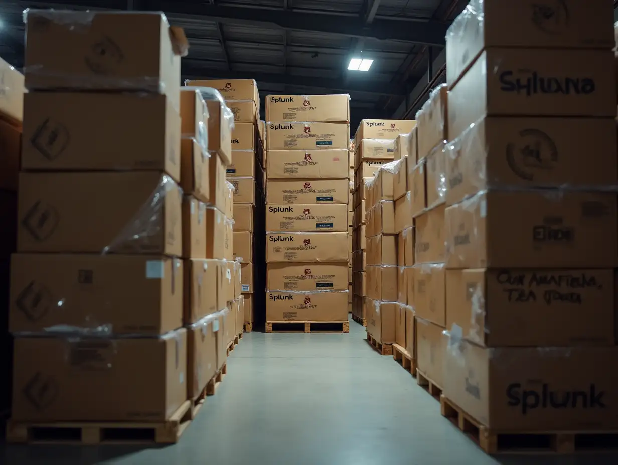 A warehouse from the inside. View of a wall. Piles of boxes. The boxes are clearly visible and labeled as 'Splunk'. No changes to 'Splunk' allowed.