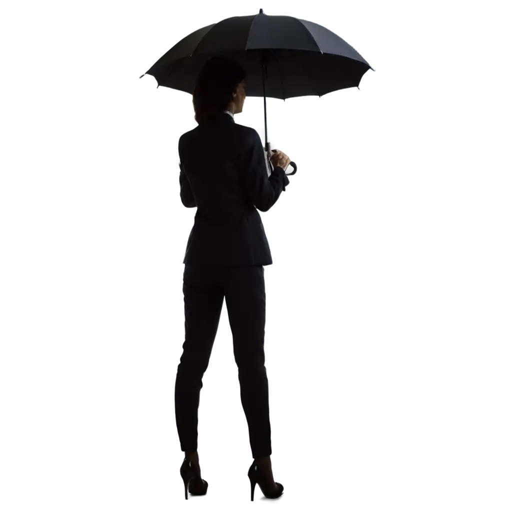 silhouette of a woman in business suit with umbrella, view from behind, full length