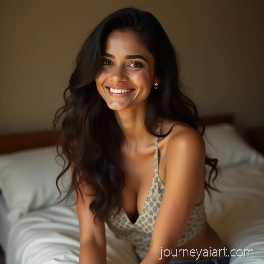 Beautiful-Indian-Woman-Sitting-on-aIndian-woman-smiling-portrait-Bed-with-Soft-Smile-and-Warm-Lighting