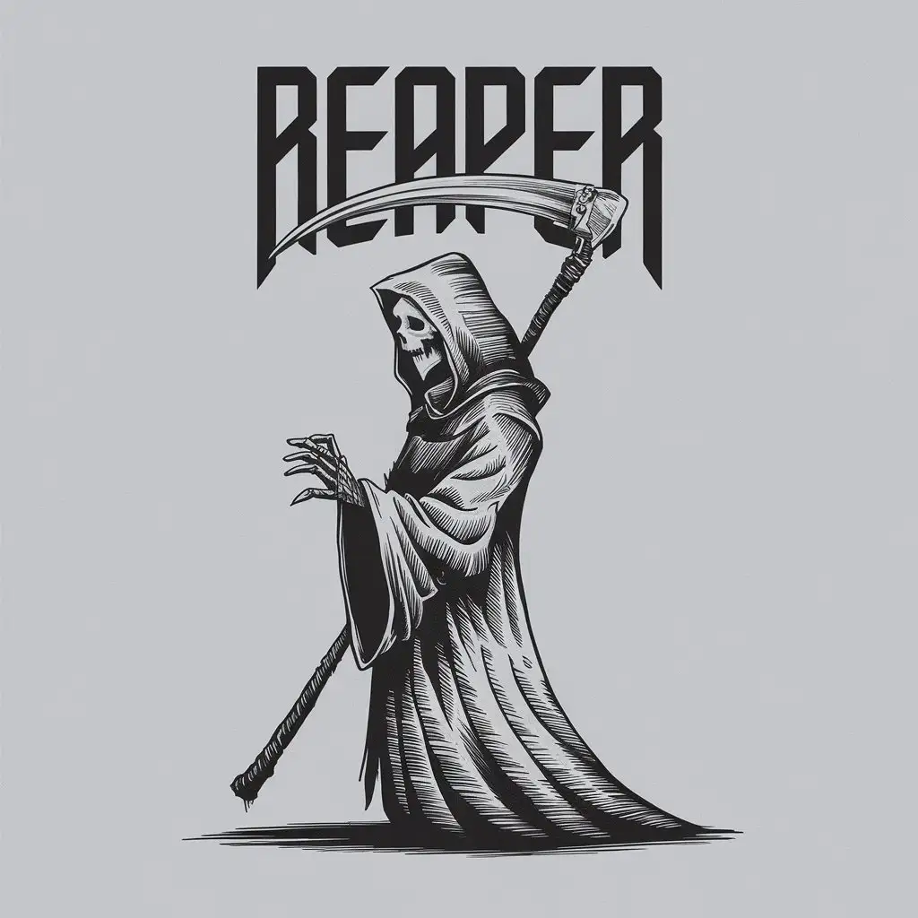 LOGO Design for Reaper Grim Reaper Sideways Pose in Black White Line Work with Pencil Sketch Style