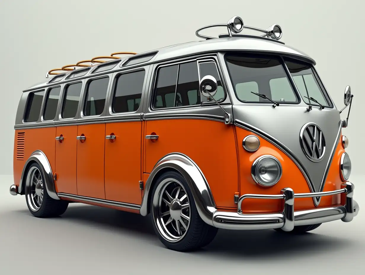 Super modern autobus silver orange with aluminum wheels Steampunk