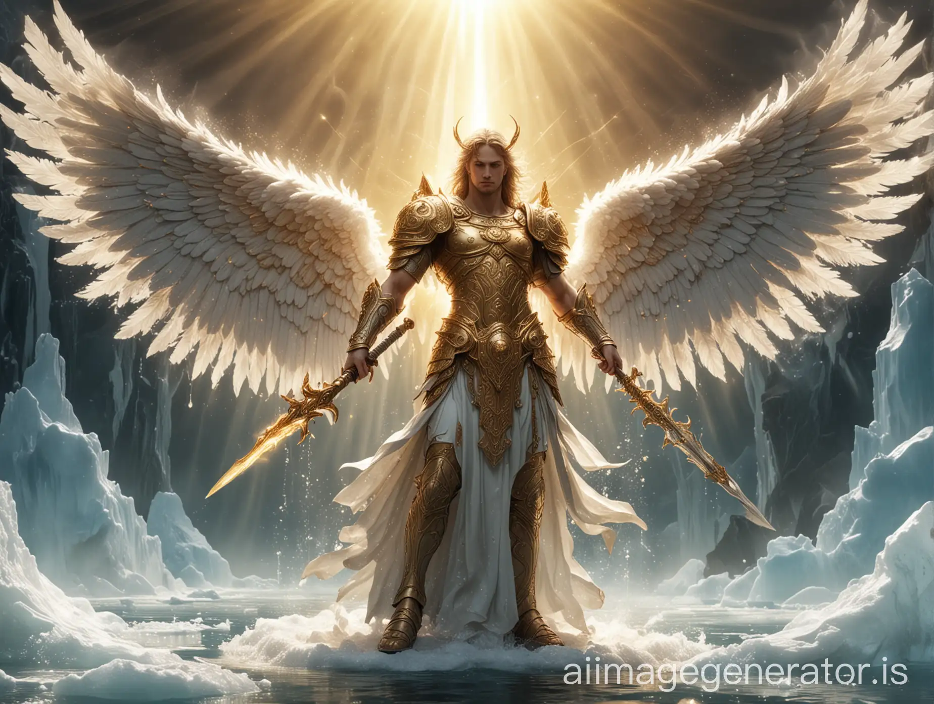 Mythological-Angel-with-Sacred-Armor-and-Seraphim-Wings-Surrounded-by-Icebergs-and-Magic-Circle