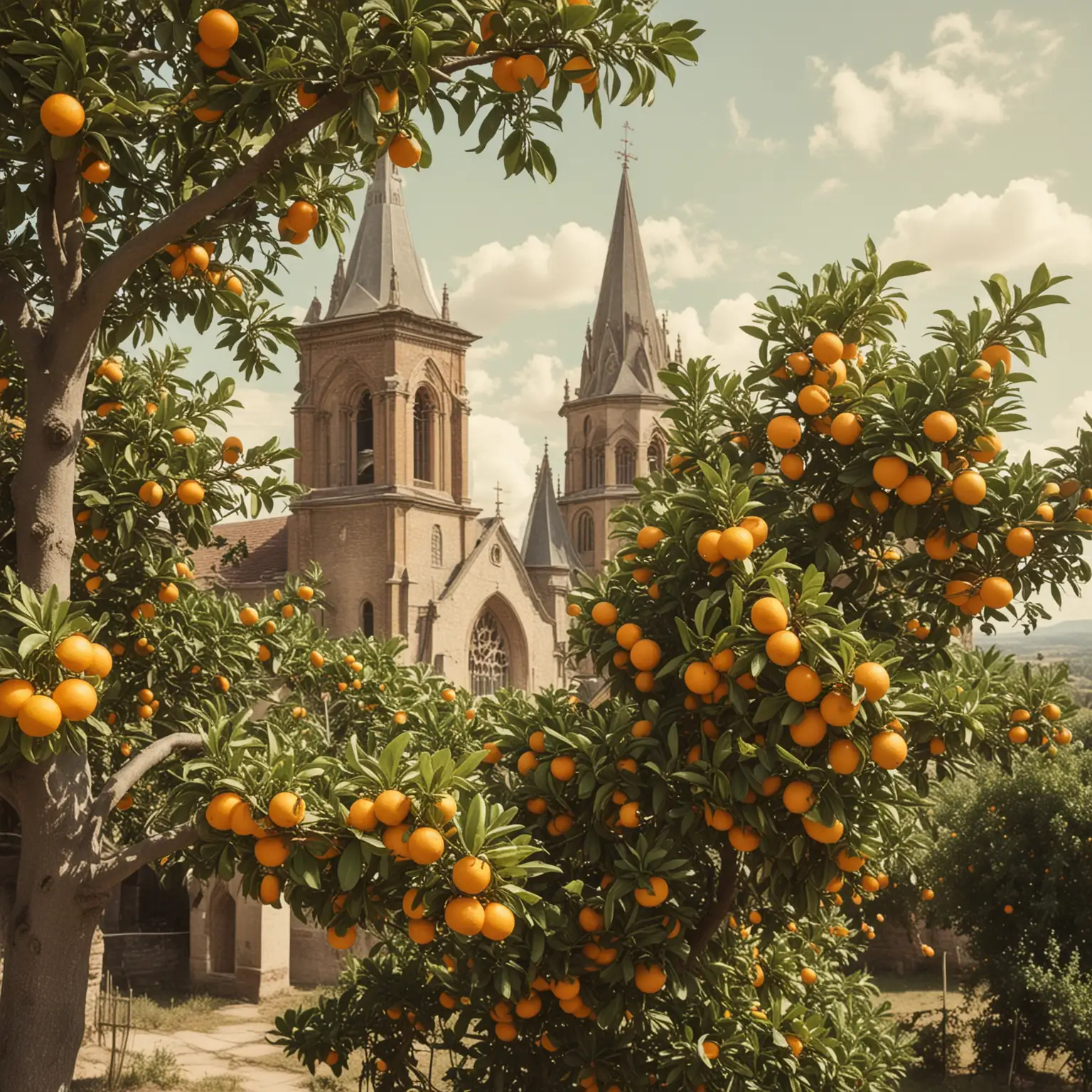 Vintage Oranges and Lemons Growing on Tree with Church in Distance