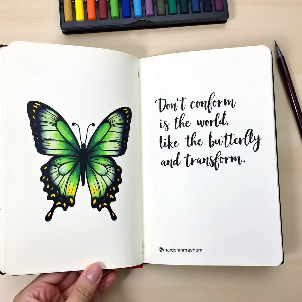 An art journal with a beautiful oil pastel painting of butterfly on one page and a quote saying  “Don't conform to the world. Be like the butterfly and transform.” on the other and Add a little watermark at the bottom right of the same page ‘@maideninmayhem’