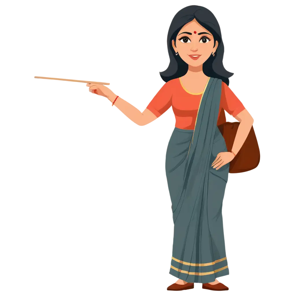 PNG-Vector-Art-Indian-MiddleAged-Female-School-Teacher-in-Saree-Pointing-at-Blackboard