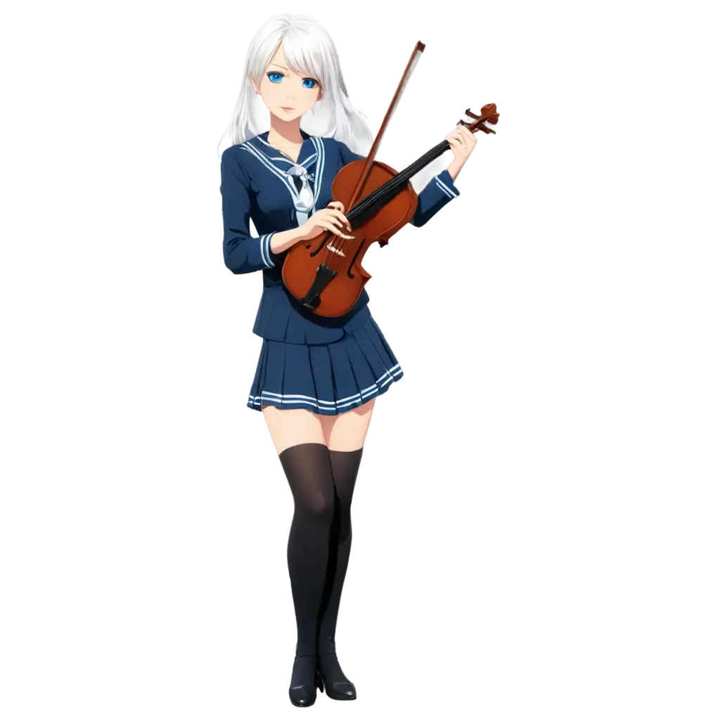 Animated image of a pretty woman wearing a Japanese school uniform, white hair, not sexy, blue eyes carrying a violin