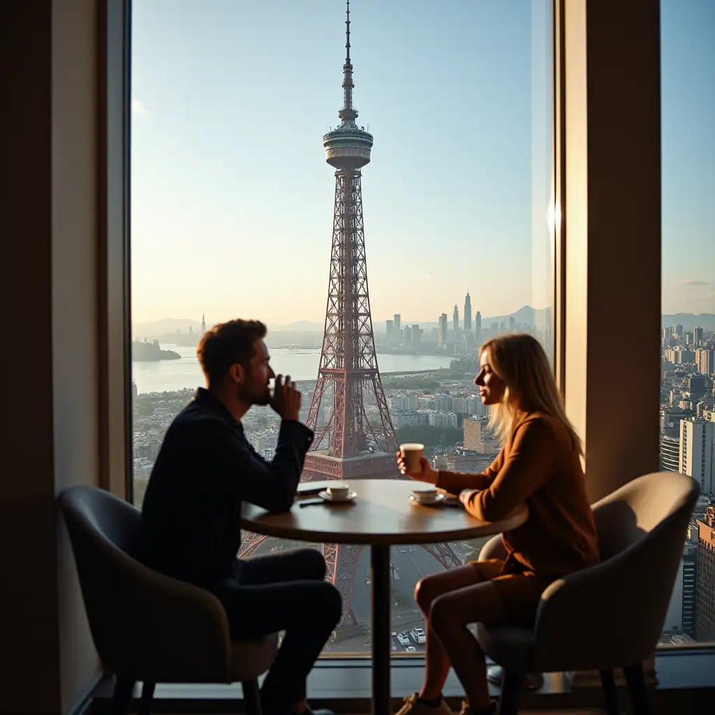 I want a picture at the icfel tower, having a coffee