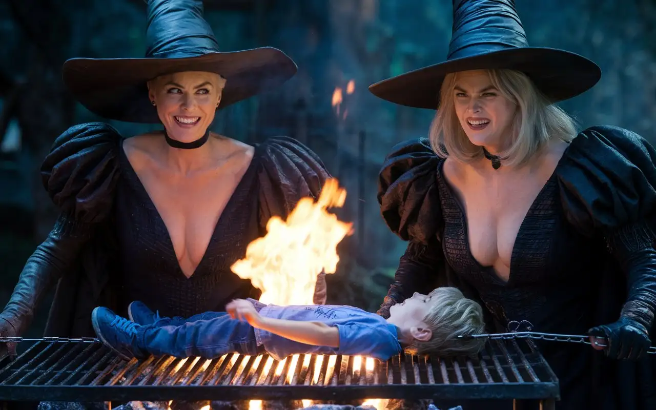 Evil-Witches-with-Deep-Necklines-Grilling-Boy-on-Large-Flame-Grill