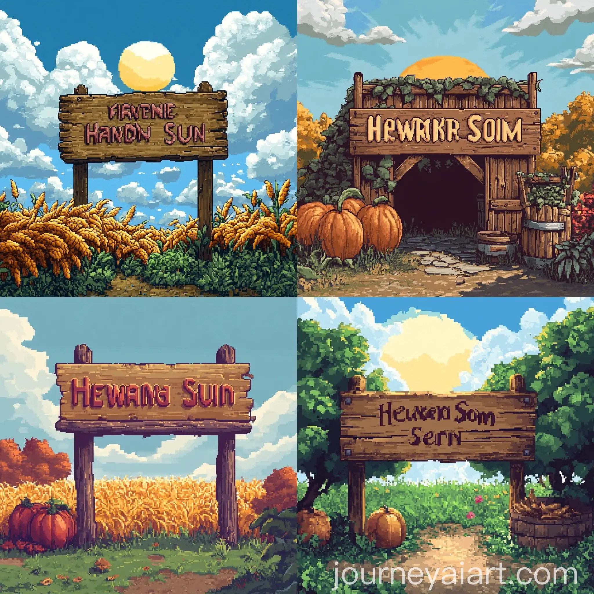 Pixel-Art-Wooden-Sign-Board-with-Harvest-Sun-Theme-for-Farm-Game