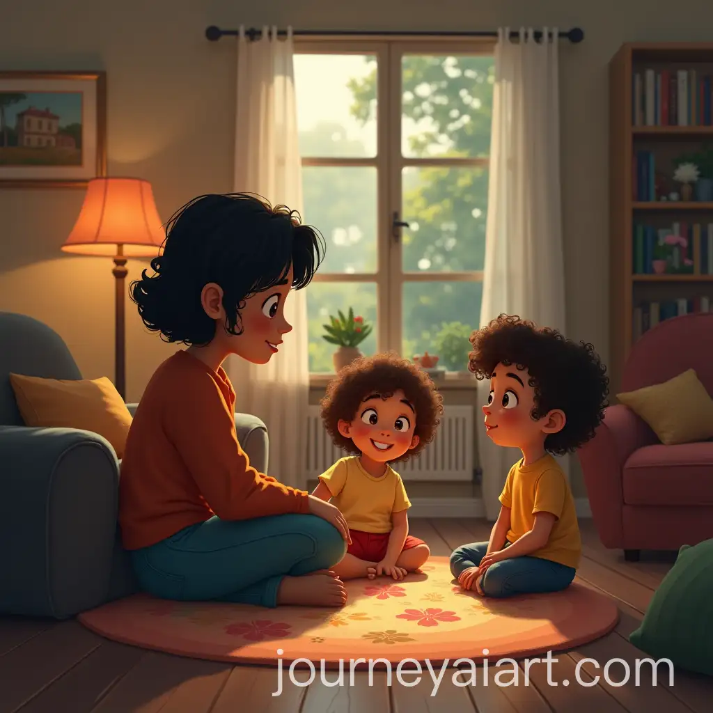 Mother-Sharing-an-Embarrassing-Childhood-Story-in-a-Cozy-Living-Room-with-Her-Children