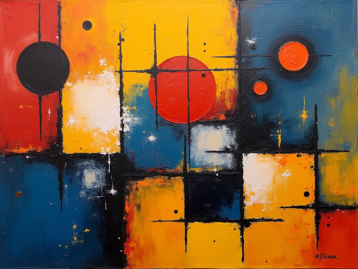 Create an abstract painting in the style of Kazimir Malevich and Vasily Kandinsky, using acrylic paints. Let the composition be bright and dynamic, with geometric shapes, contrasting colors, and expressive lines. Include elements characteristic of suprematism and abstract expressionism to convey a sense of movement and emotion