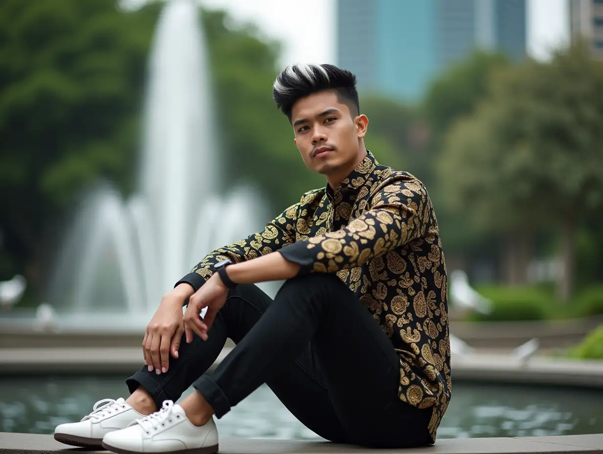 photography with Leica APO-Summicron-SL 90mm f/2 ASPH. low angle, a Indonesian young man, wearing black Pekalongan modern batik with intricate gold motif, black jeans, white shoes, black hair with white highlights. Confident poses, sitting on the garden terrace, fountain, doves, building Jakarta city. High key, ultra HD, realistic, bokeh perspective.  Generate by flux ultra