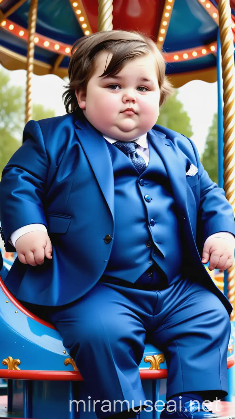 Chubby Boy in Blue Suit Enjoying Carousel Ride