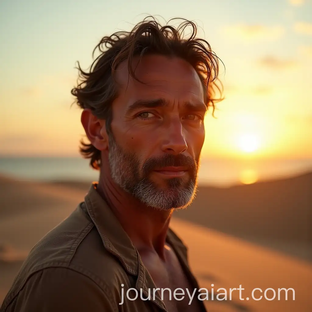 Man-Stranded-in-Desert-with-Stunning-Sunset-and-Bokeh-Background