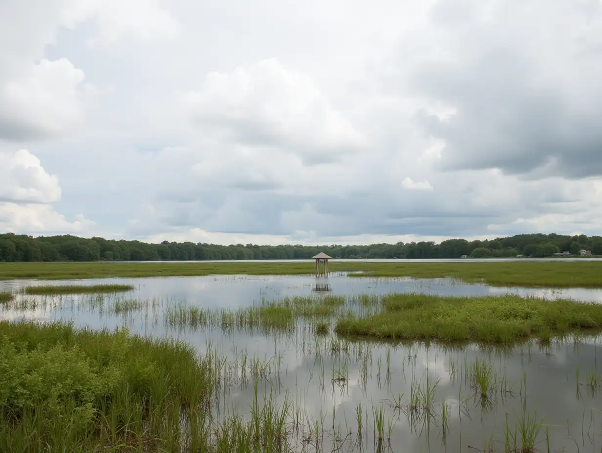 Stunning-Wetlands-Bird-Blind-Reflection-in-Missouri-Lake