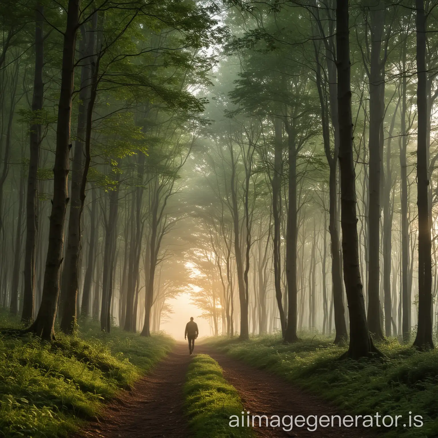 Man-Walking-in-Green-Forest-at-Dawn