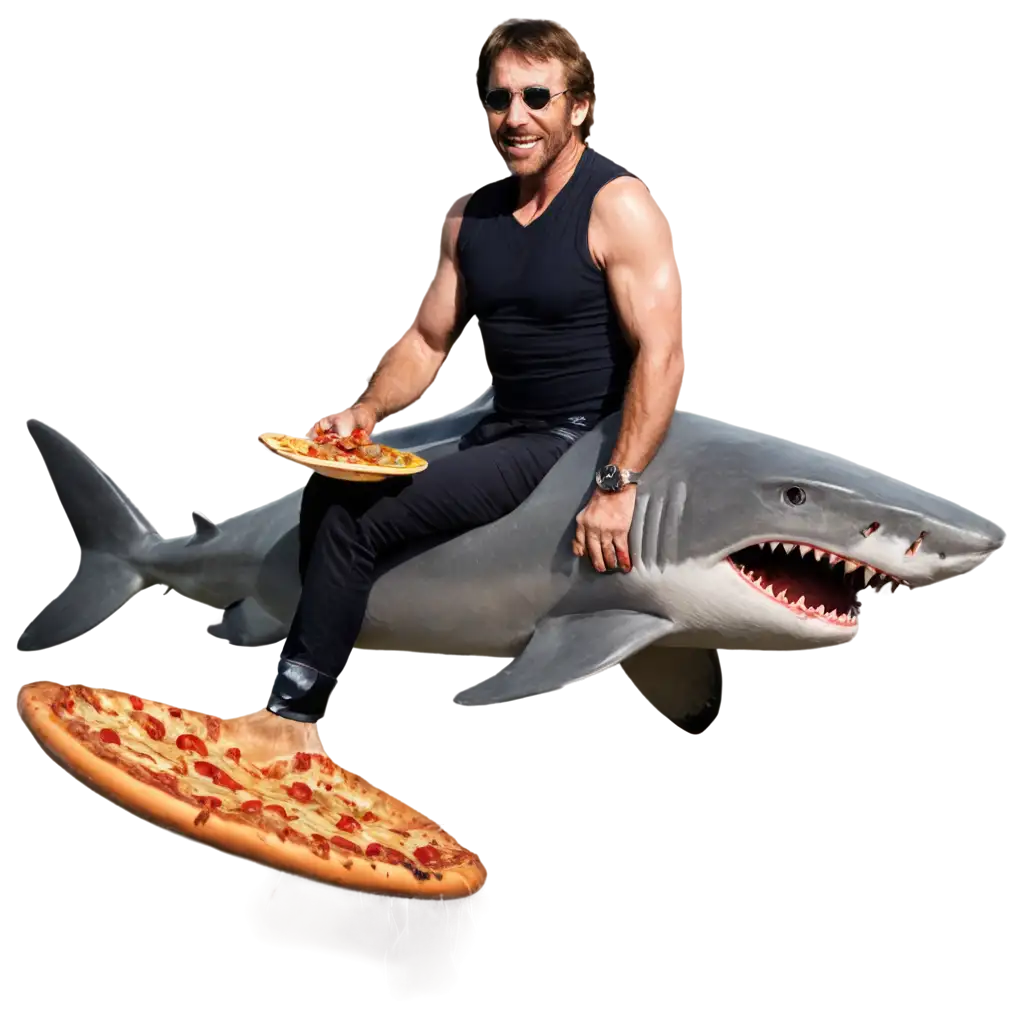 Chuck norris riding a shark while eating a pizza