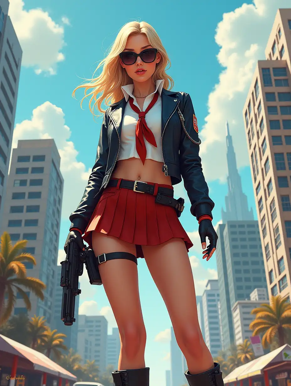 Wide-angle digital painting, (Beautiful woman in stylish school uniform, midriff showing, short skirt, combat boots, and sunglasses: 1.3), Triangular composition, Dynamic full-length pose, Confident expression, (Armed mercenary: 1.3), Gun grip, Supporting pose, City background, Skyscrapers in the distance, (Bright sunlight: 1.2), Sharp contrasts, Bold colors, Clear details. female mercenary in cool cyberpunk style in colorful fantasy style, realism, post-apocalyptic landscape, cartel, bald rod, oil painting, rod Nostalgia, strong emotions, low angle, high detail, sharp focus