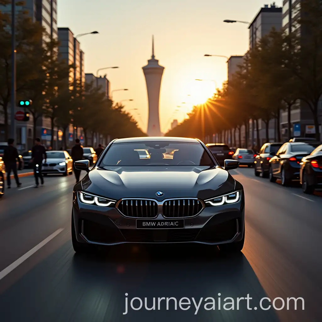 BMW-i7-Driving-Through-Tehran-Streets-at-Dusk-with-Milad-Tower-in-Background