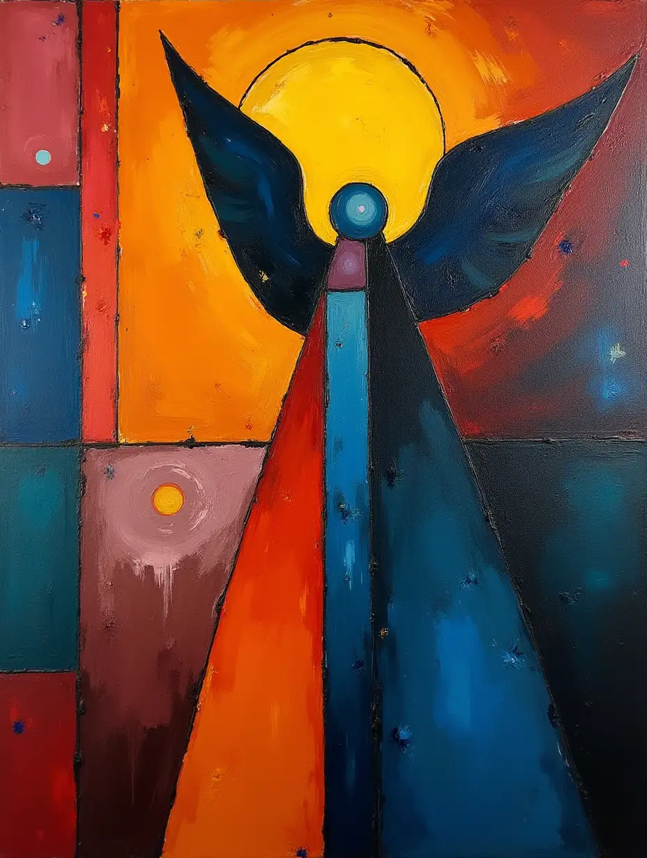 Picture in a grid of an angel in the style of Kandinsky, Malevich, minimalism, simplified for a beginning acrylic painter with many colors, constructivism abstractionism, rather dark