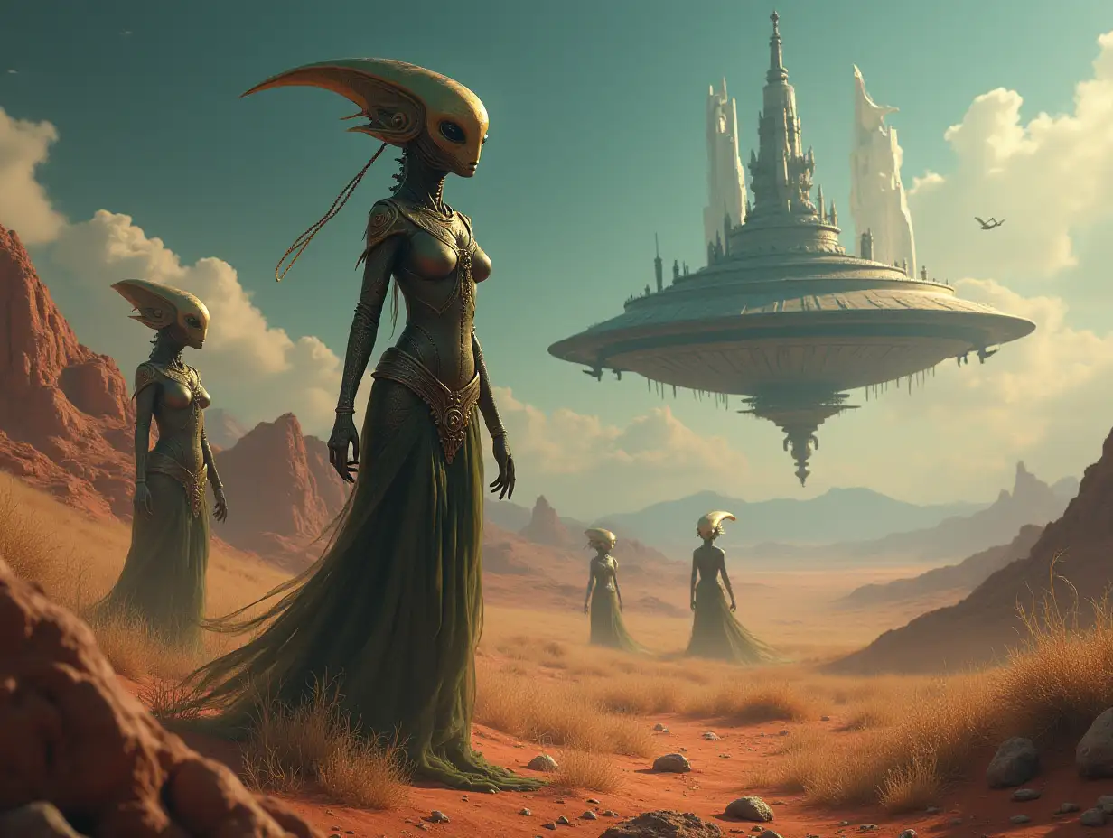 Mythological princess aliens on a planet with spaceship