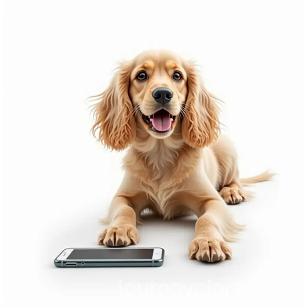 Cocker-SpanielCocker-Spaniel-with-phone-Dog-with-Mobile-Phone-on-White-Background