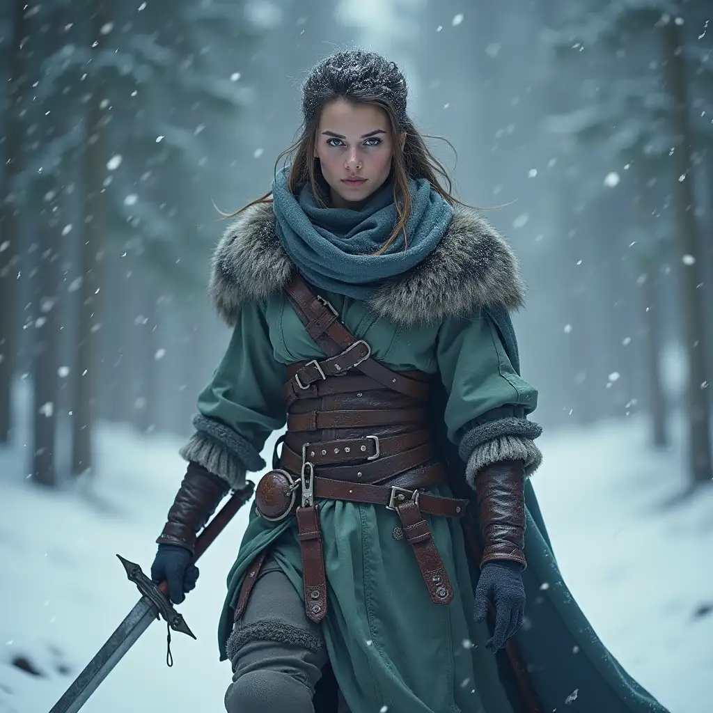 Ancient-Barbarian-Swordwoman-in-a-Dramatic-Snowstorm-Fantasy-Art