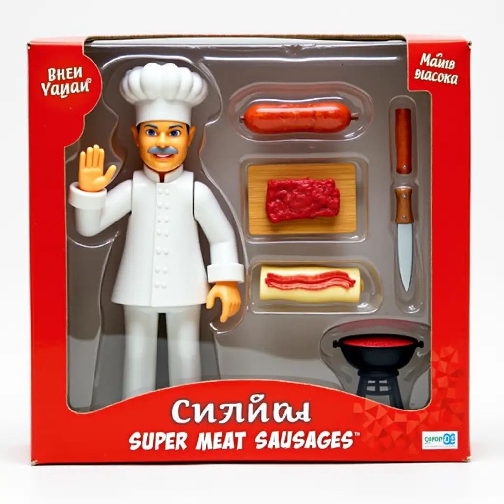 a boxed collectible chef figure set. The box has a red background and bold text in Cyrillic that says 'СУПЕР МЯСНЫЕ КОЛБАСКИ' (Super Meat Sausages). Inside the box is a smiling middle-aged man dressed in a traditional white chef uniform and hat, without a mustache, giving an 'OK' hand sign. He is accompanied by miniature accessories: sausages, beef tenderloin, bacon, a chef's knife, a chopping board, and a BBQ grill. The packaging has a clear plastic window showing the contents.