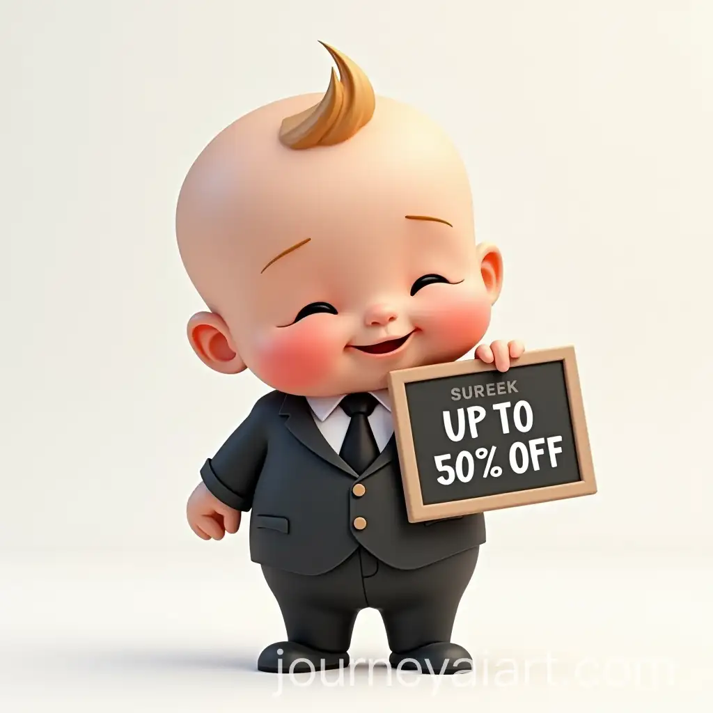 Chubby-Baby-in-3D-Suit-Holding-Black-UP-TO-50-OFF-Sign