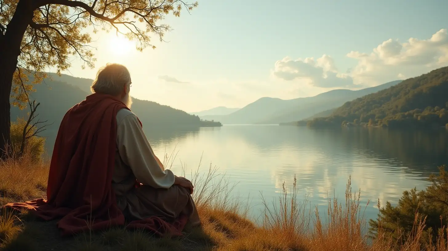 Old Man Contemplating Beside a Tranquil Biblical Lake