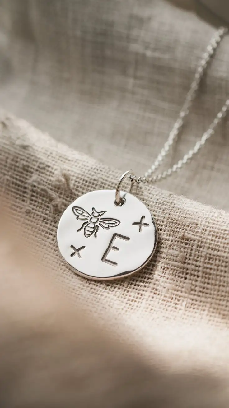 HandStamped-Silver-Bee-Pendant-Necklace-with-Letter-E-on-Linen