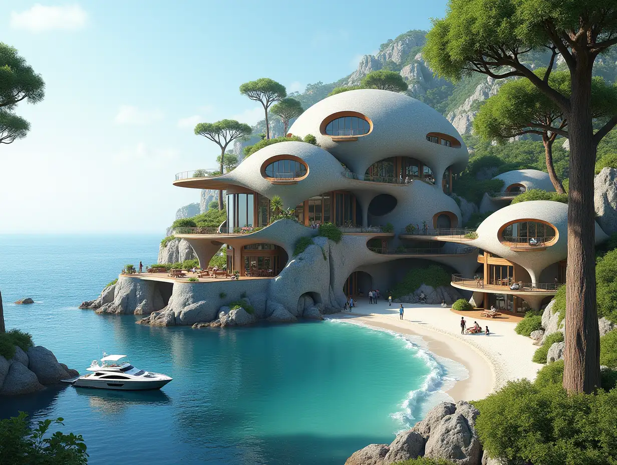 Create a high-resolution, realistic panorama image of a futuristic terrace building with snail-house windows with a bridge, a yacht and a small beach with people, many plants and gray and brown facades with sea with waves, large trees, blue sky