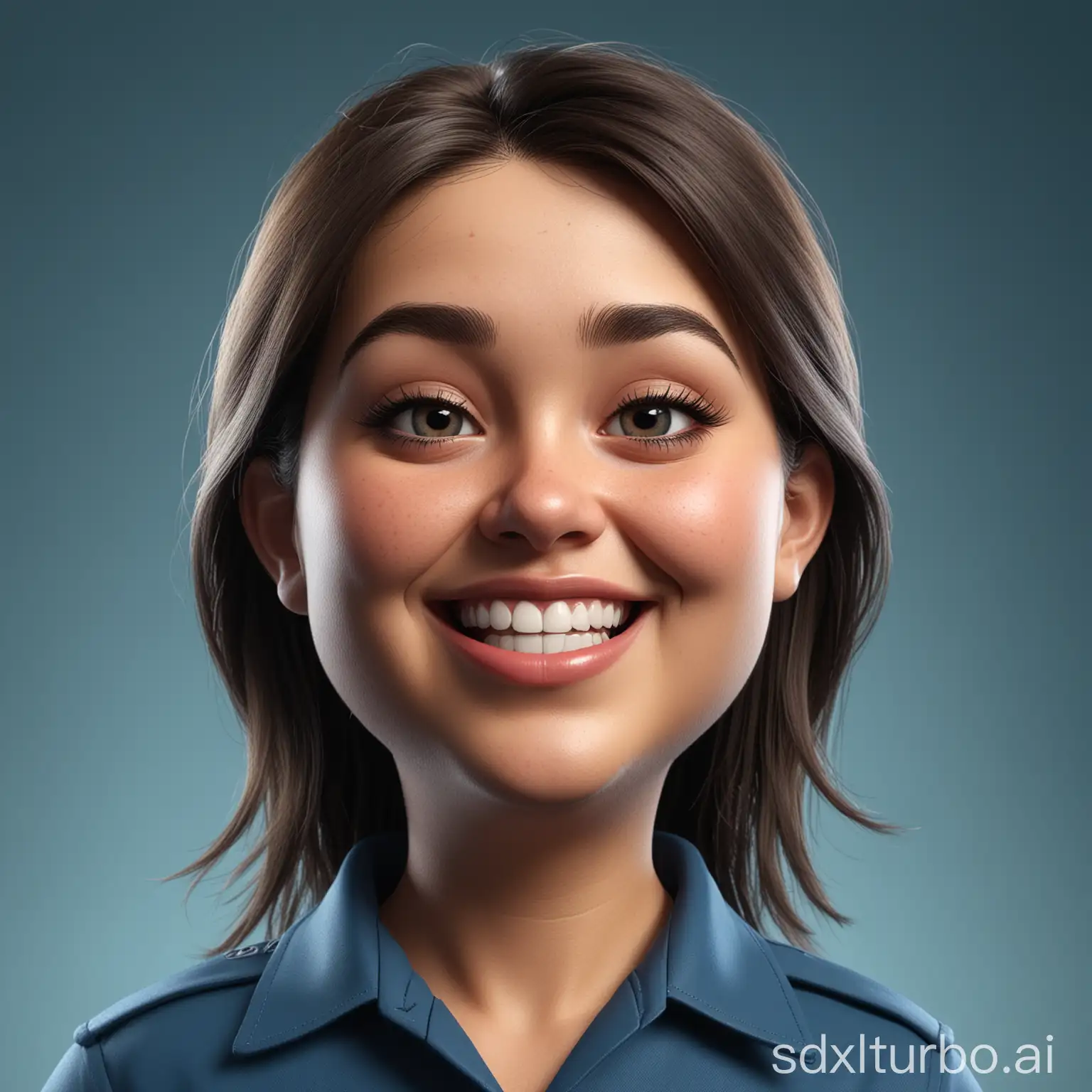 Hyperrealistic-3D-Cartoon-Character-Portrait-of-a-Smiling-Woman-in-Blue-Uniform