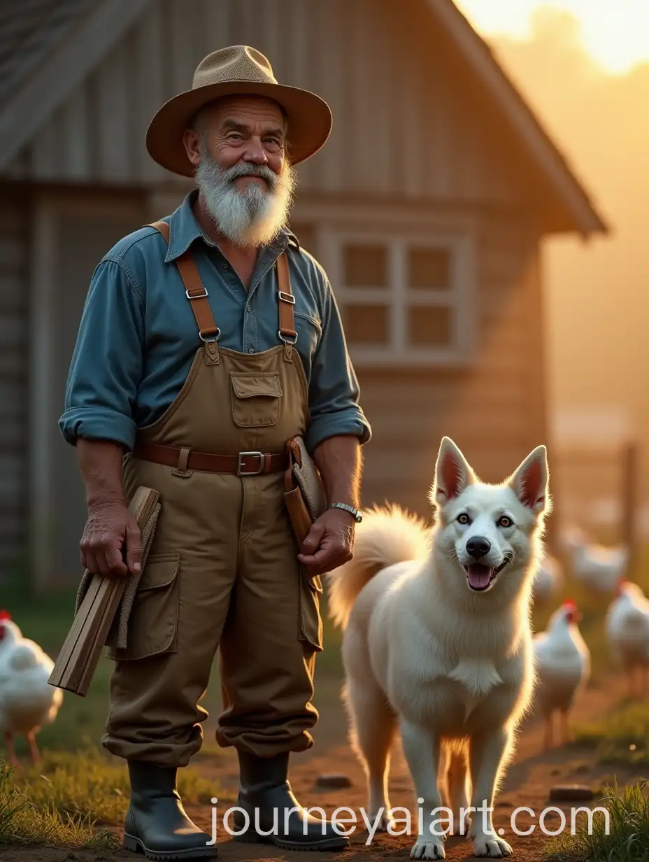 Elderly-Chicken-Farmer-with-Dog-in-Morning-Mist-at-Rustic-Farmhouse