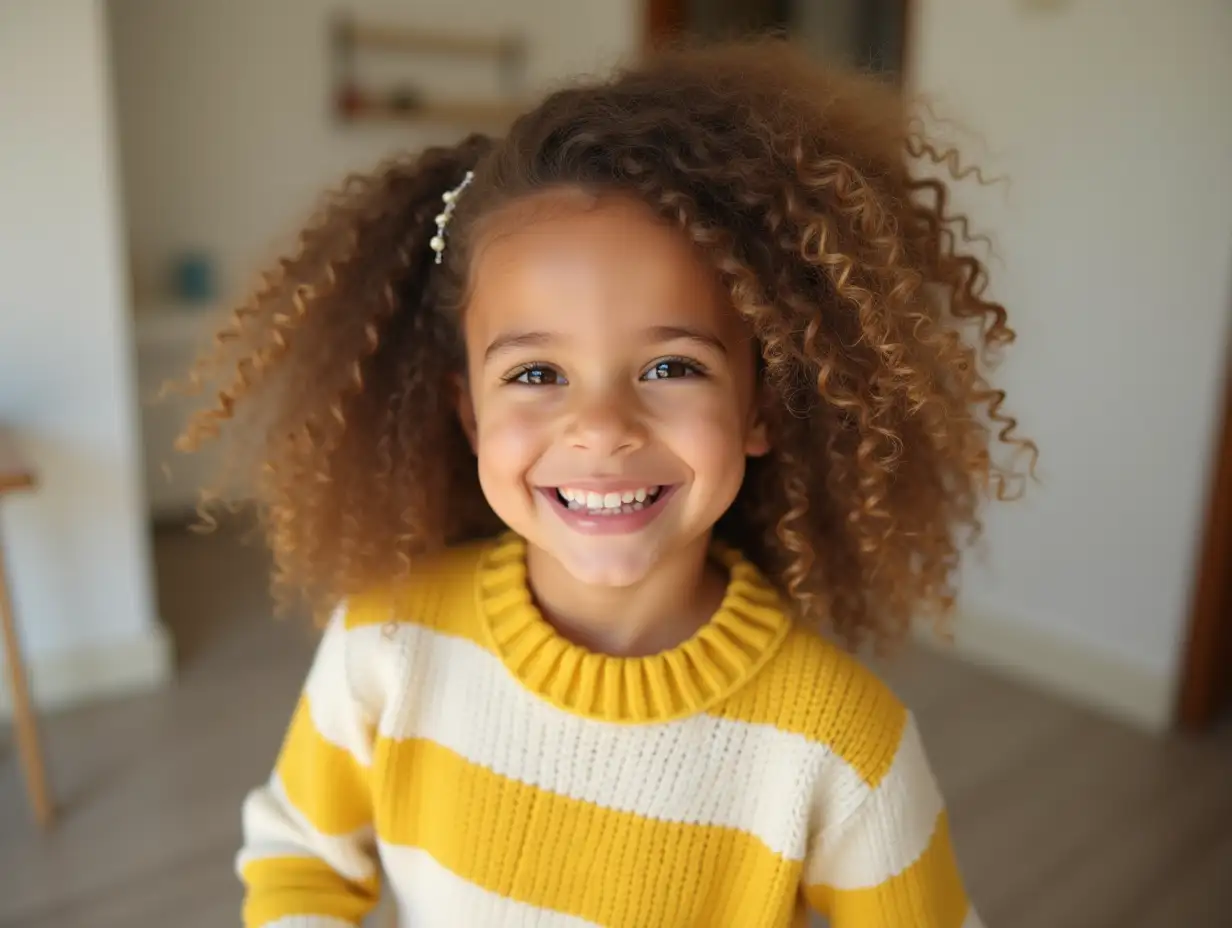 A charming young girl with curly hair captivates with her bright eyes and warm smile, dressed in a cheerful yellow and white striped sweater, creating a joyful atmosphere indoors