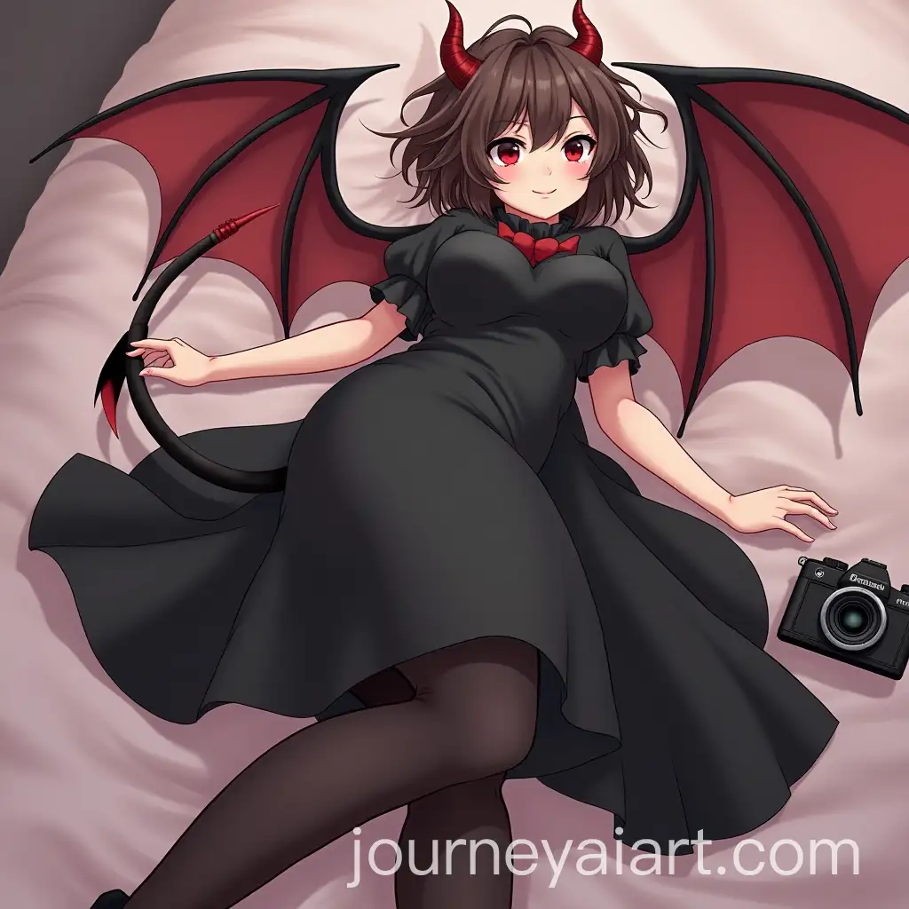 Cute-Female-Demon-with-Bat-Wings-and-Red-Horns-in-Black-Dress