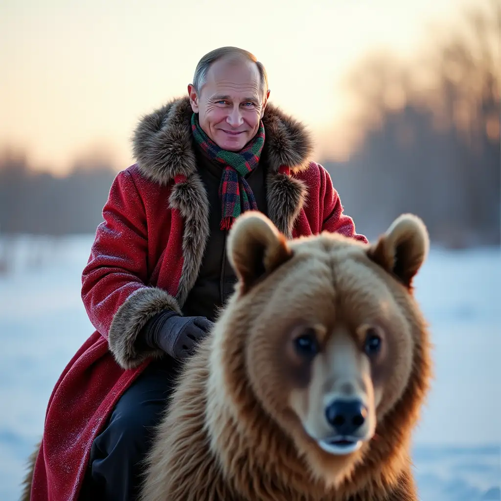 tricolor Russia, the most beautiful wise hero main Russia Vladimir Putin in fur coat rides a bear, smiles, winter, snow, blizzard, winter sun, epic, colorful, Russia, power, mega detail, professional photo