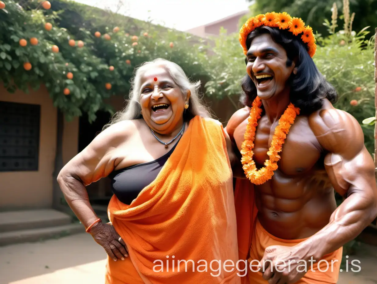 Elderly-Indian-Woman-with-Bodybuilder-and-Goat-Sunny-Day-Scene