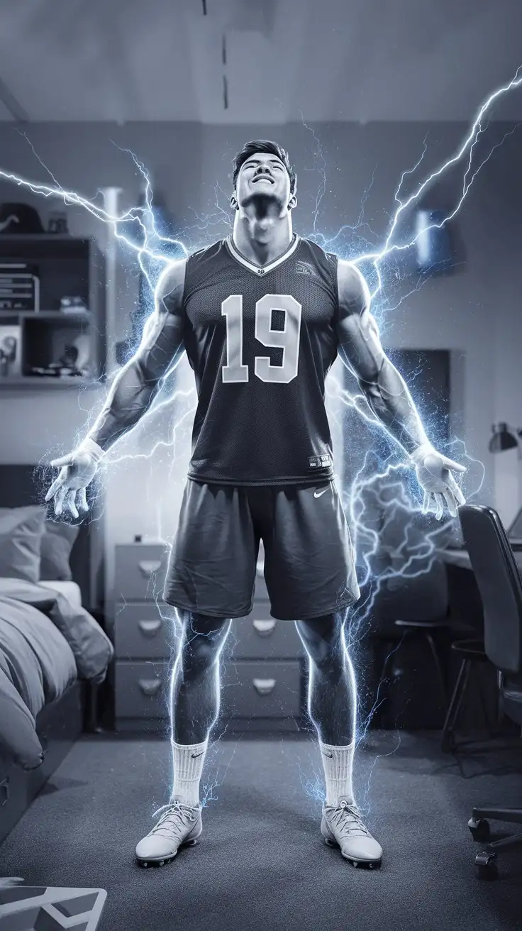 College-Athlete-Surrounded-by-Blue-Electric-Power-in-Dorm-Room