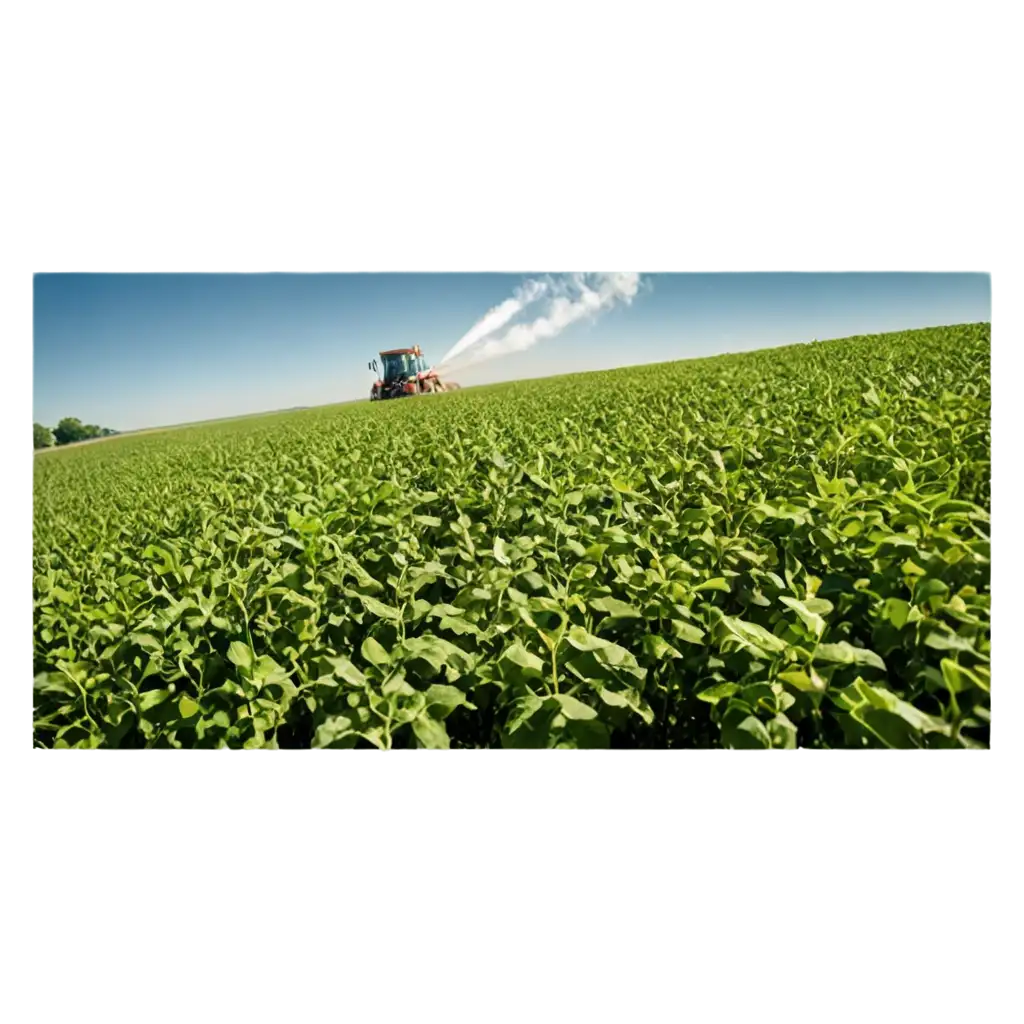 An agricultural spray nozzle in action, spraying crops in a soybean field. The scene captures the vibrant green of the soy plants, with a clear blue sky overhead. The sprayer is depicted releasing a fine mist of liquid, showcasing the technology used for crop protection. Include details like the texture of the soil and sunlight filtering through the leaves to create a lively and dynamic farming atmosphere