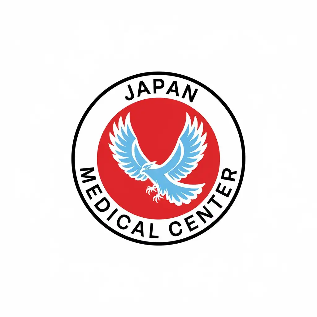 LOGO Design for Japan Medical Center Circular Red Background with OpenWinged Hawk and Professional Typography